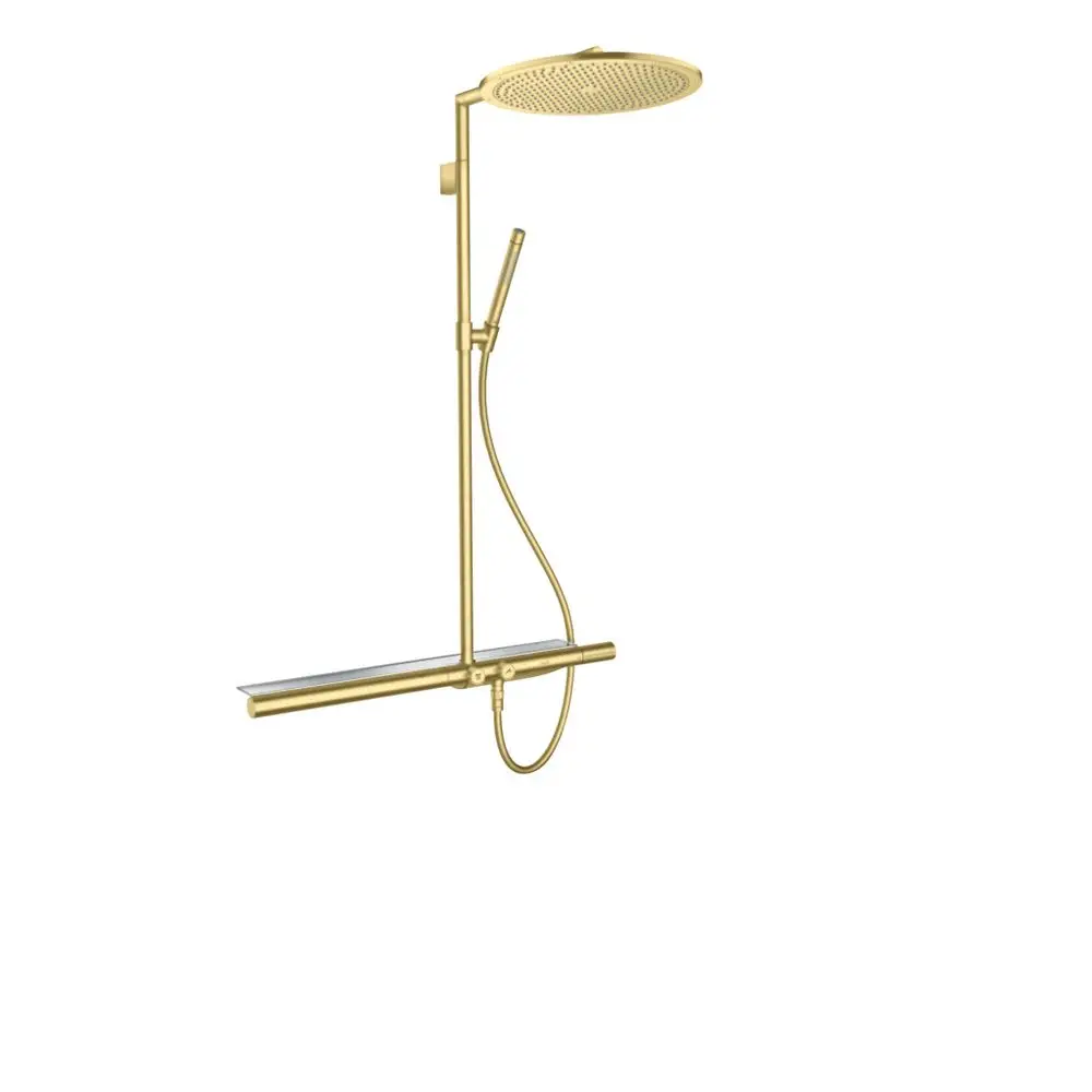Showerpipe mit Thermostat und Kopfbrause in gebürstetem Messing, hergestellt von AXOR. Die Ausstattung zeigt eine moderne Dusche mit einem senkrechten Design.